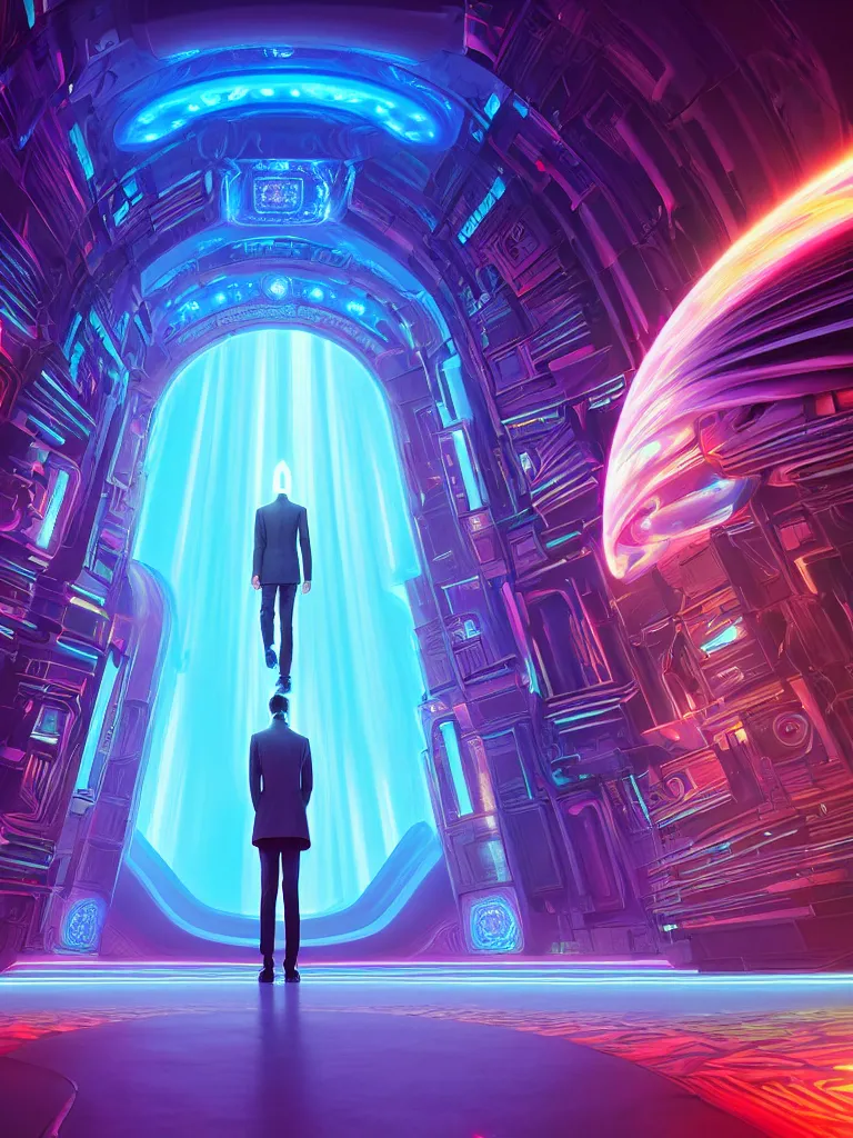 Image similar to symmetrical entrance to mainframe ethereal realm, ai sentient, octane render, symmetrical composition, dreamy colorful cyberpunk colors, 6 point perspective, fantasy landscape with anthropomorphic terrain in the styles of igor morski, jim warren and rob gonsalves, intricate, hyperrealistic, volumetric lighting, neon ambiance, distinct horizon