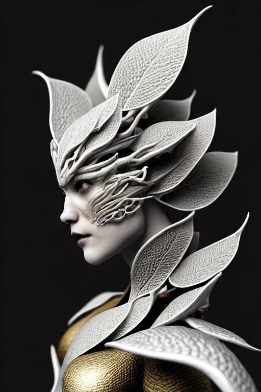 Image similar to monochrome close - up profile face, black background, beautiful young porcelain vegetal - dragon - cyborg - female, 1 5 0 mm, beautiful natural soft rim light, silver gold details, magnolia leaves and stems, roots, mandelbot fractal, elegant, hyper real, ultra detailed, white metallic armour, octane render, 1 6 k