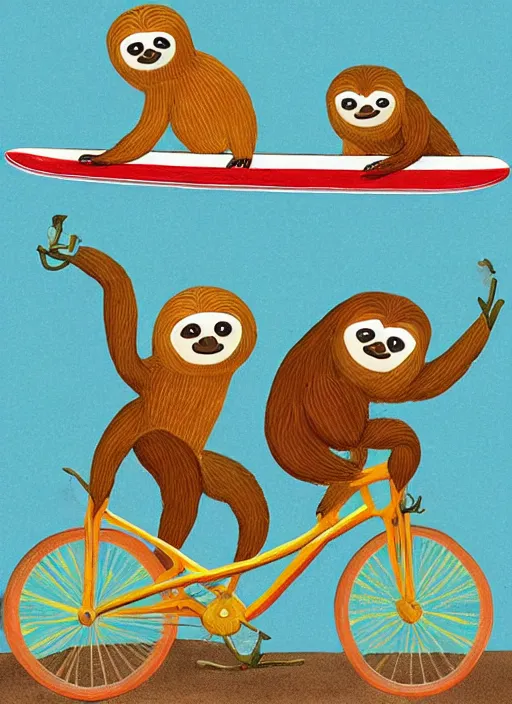 Image similar to a couple of sloths riding a bike with a surfboard, by tim biskup, tom bonson folk art, whimsical, storybook illustration