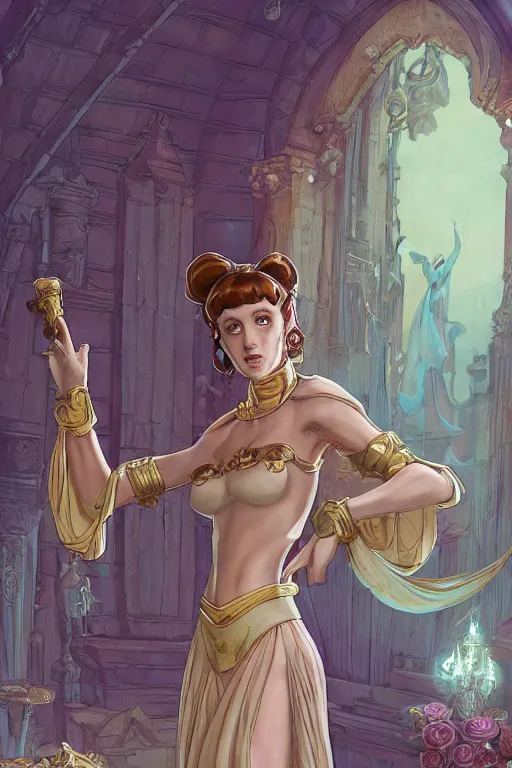 Image similar to scooby doo dressed as slave princess leia, ornate, beautiful, atmosphere, vibe, flowers, concept art illustration, color page, 4 k, tone mapping, doll, akihiko yoshida, james jean, andrei riabovitchev, marc simonetti, yoshitaka amano, digital illustration, greg rutowski, volumetric lighting, sunbeams, particles