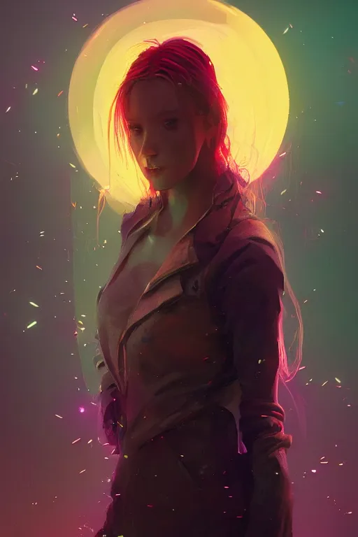 Image similar to A women with glowing colours around her by Greg Rutkowski, beeple, Sung Choi, Mitchell Mohrhauser, Maciej Kuciara, Johnson Ting, Maxim Verehin, Peter Konig, final fantasy, macro lens, 35mm, 8k photorealistic, cinematic lighting, HD, high details, dramatic, dark atmosphere, trending on artstation