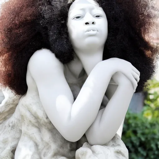 Image similar to a photorealistic all white marble sculpture of a black girl with an afro crying