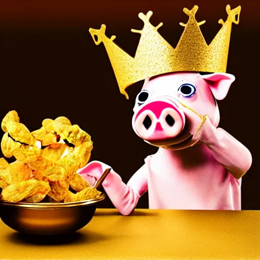 Image similar to realistic photo of a cute puppet pig wearing a gold crown drinking beer and eating a bowl pork rinds a table with a bib on, high quality, cinematic concept art