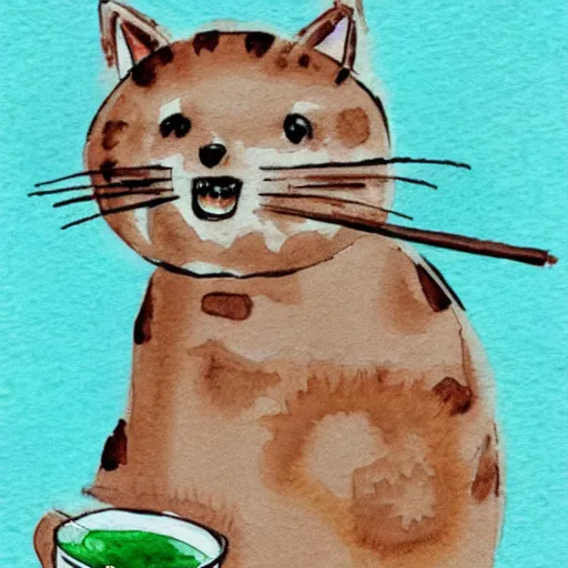 Prompt: a watercolor drawing of a cat wearing a hawaii shirt drinking a bear