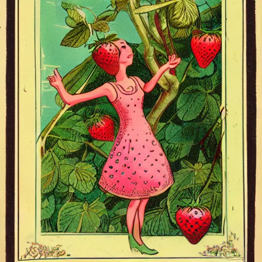 Prompt: vintage illustration of a strawberry fairy