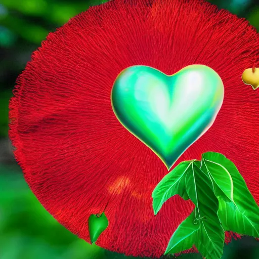 Prompt: A picture of a plant that has hearts as the fruit, blown in the wind with some of the hearts flying with the wind