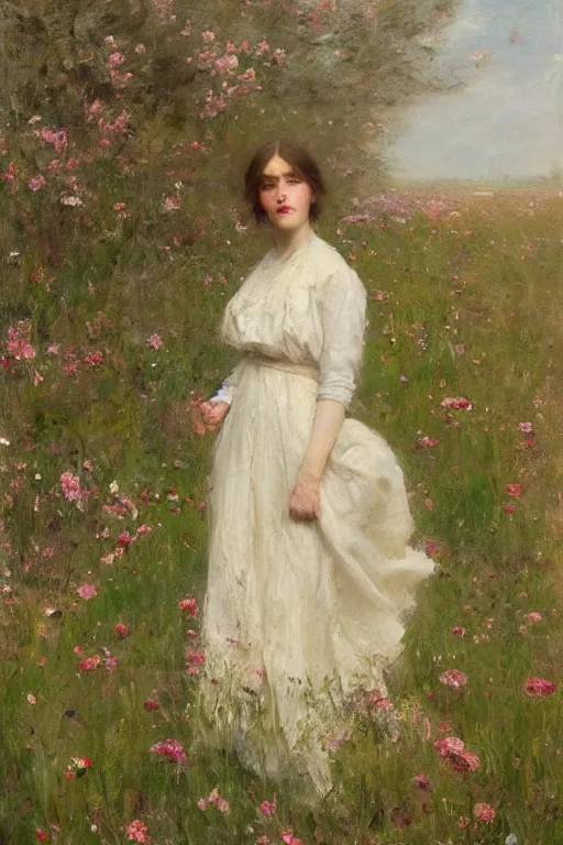 Image similar to Richard Schmid and Jeremy Lipking full length portrait painting of a young beautiful edwardian girl walking through a field of flowers with hands behind her back