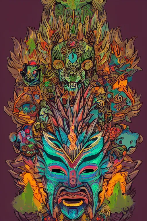 Image similar to animal mask totem roots flower tribal feather gemstone plant wood rock shaman vodoo video game vector cutout illustration vivid multicolor borderlands comics by josan gonzales and dan mumford radiating a glowing aura