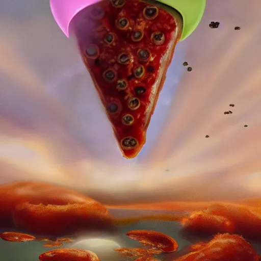 Image similar to A pepperoni pizza floating as a fribee thru the sky, high detail digital art, artstation