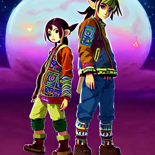 Image similar to majora majora's mask wearing oversized mayan bomber jacket with overalls, bulky poofy bomber jacket with mayan patterns, aztec street fashion, botw art style, gapmoe yandere grimdark, trending on pixiv fanbox, painted by greg rutkowski makoto shinkai takashi takeuchi studio ghibli, akihiko yoshida