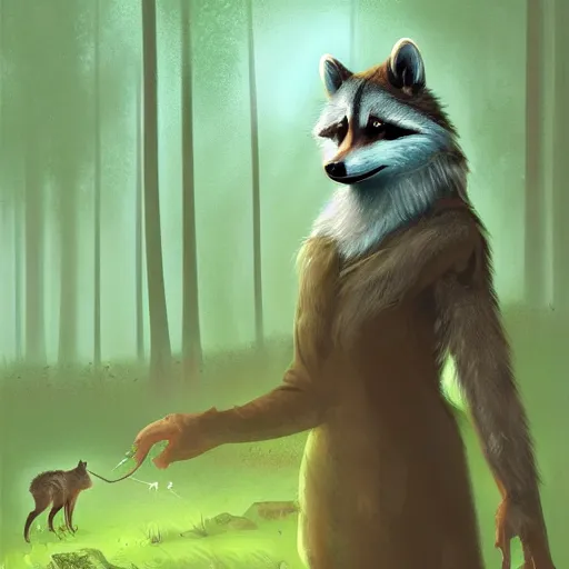 Image similar to a woodland druid in a forest with a wolf bird and racoon, photorealistic, in the style of greg rutkowski, digital painting