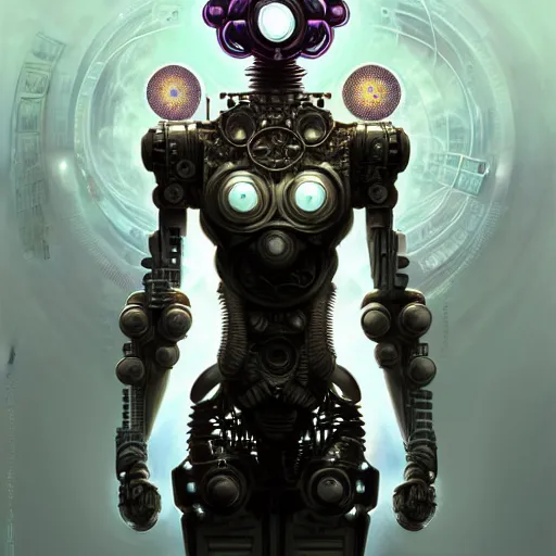 Prompt: low angle shot of a fractal cyberpunk gazmask robot character, intricate, elegant, highly detailed, centered, digital painting, artstation, concept art, smooth, sharp focus, illustration, artgerm, Tomasz Alen Kopera, Peter Mohrbacher, donato giancola, Joseph Christian Leyendecker, WLOP, Boris Vallejo