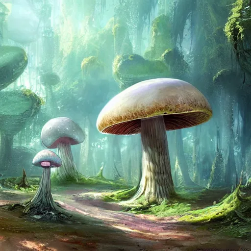 Prompt: a painting of a mushroom like structure in the middle of a forest, concept art by stephan martiniere, trending on artstation, fantasy art, concept art, 2 d game art, matte painting