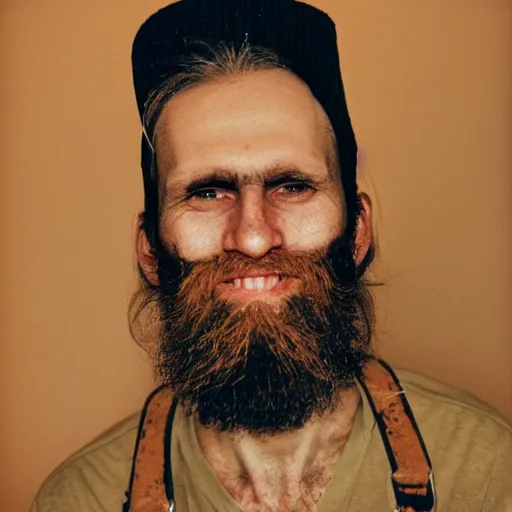 Image similar to far view, extremely skinny malnourished kremlin dictator with long beard, wearing dirty overalls, dirty greasy face, grin, portrait, close up, kodak gold 2 0 0, 5 0 mm,