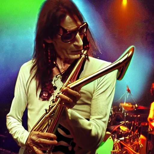 Image similar to Steve vai playing the tuba sensually, realistic, 4K,