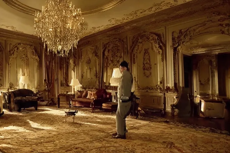 Image similar to cinematography of detectives investigating a crime scene in an decadent mansion foyer by Emmanuel Lubezki