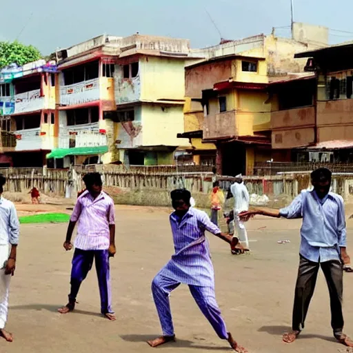 Image similar to four tamil friends playing a game of cricket, on an indian street