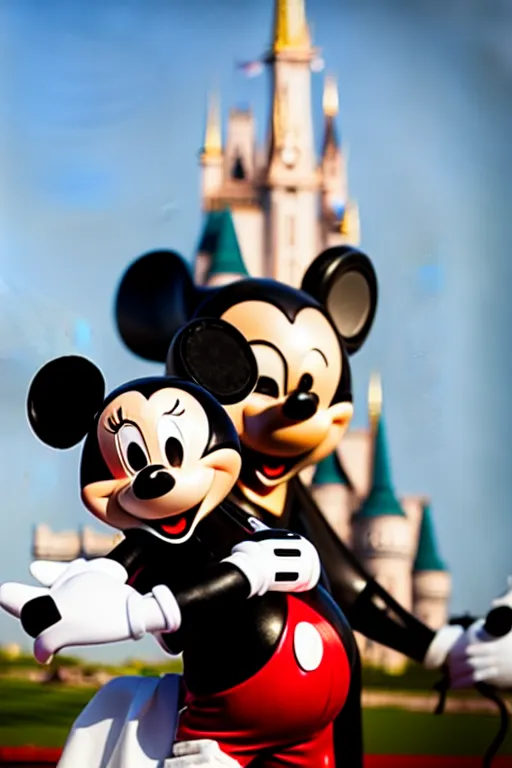 Image similar to tony soprano hugging mickey mouse, extreme bokeh, 7 5 mm