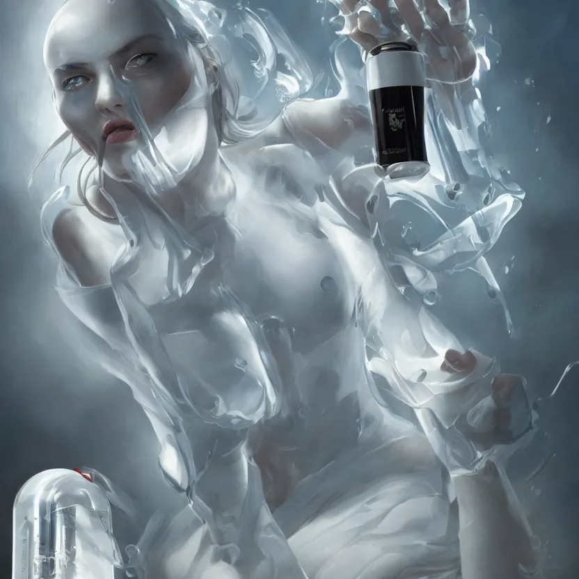 Image similar to concept art of white dietary supplement designed by porsche in a transparent bottle with big black sticker on it, by aenaluck, artgerm and roberto ferri and greg rutkowski, light blue and white tones, digital painting, artstation, concept art, smooth, sharp foccus ilustration hq