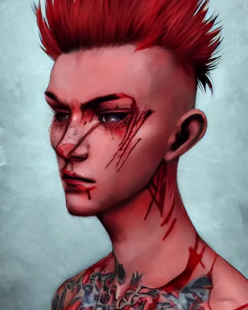 Prompt: young man with a short red mohawk, red irises and a slim face, piercings, dressed in crustpunk clothing, headshot, attractive, handsome, model, trending on artstation, high quality art, character design, realism art, award winning art, in color, no makeup, no tattoos