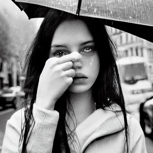 Image similar to black and white fashion photograph, highly detailed portrait of a depressed girl as a drug dealer on a busy Paris street, detailed face looking into camera, eye contact, natural light, rain, mist, lomo, fashion photography, film grain, soft vignette, sigma 85mm f/1.4 1/10 sec shutter, Daren Aronofsky film still promotional image, IMAX 70mm footage