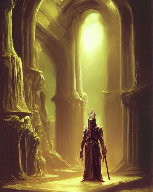 Image similar to a dark mage. he is wearing mage armor and a crown. he is frowning seriously. he is preparing to cast a dark spell. he is standing in a wizards room. award winning realistic oil painting by thomas cole and wayne barlowe