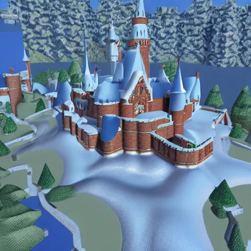 Prompt: 3D Mario 64 castle aerial view, 4k, 60% snow