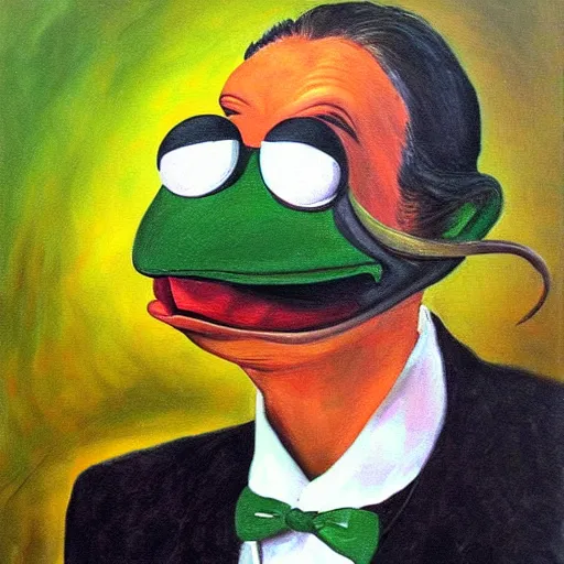 Prompt: portrait of kermit the frog with salvadore dali mustache, expressive oil painting