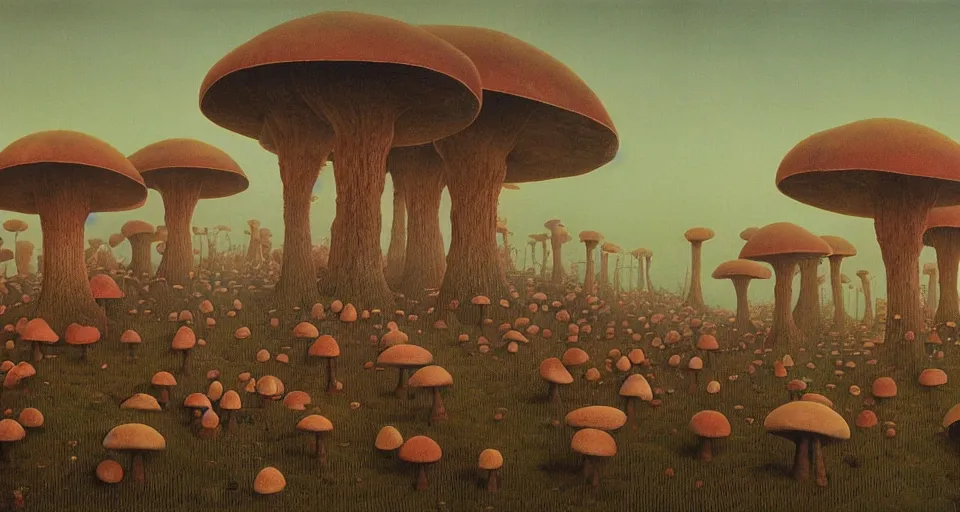 Prompt: A tribal village in a forest of giant mushrooms, by Zdzisław Beksiński