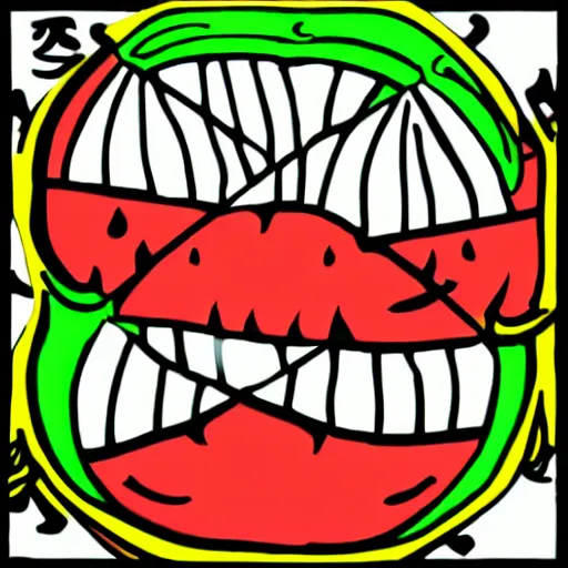 Prompt: a triple - melon logo, with devil faces, in cartoon style,