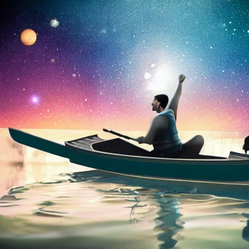 Prompt: A man rowing a boat through space, there are stars all around, photorealistic.