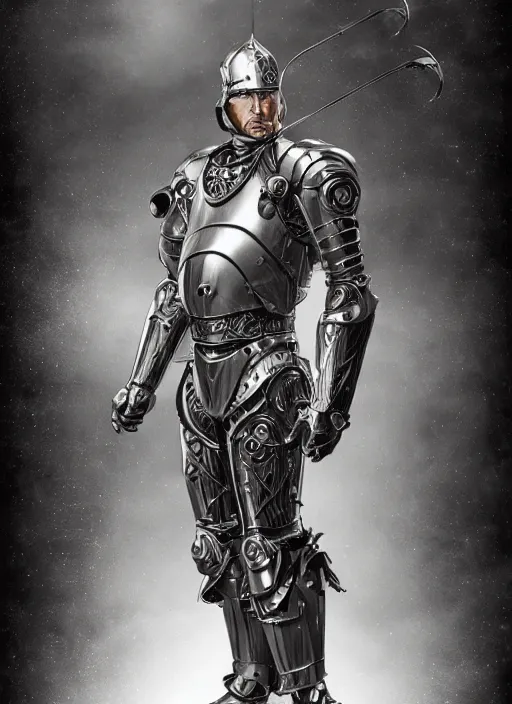 Image similar to powerful male tin man, christian bale as tinman, full body character concept, covered in full metal armor, plating, art nouveau, super powers, fantasy, intricate, elegant, highly detailed, digital painting, artstation, concept art, shining, sharp focus, illustration, art by stanley lau