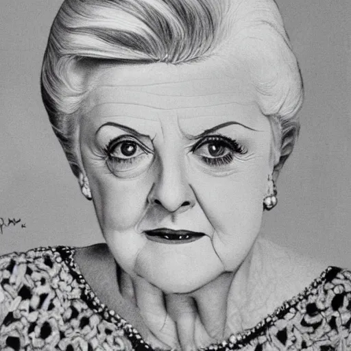 Image similar to black and white portrait of dame angela lansbury, drawn with ball point pen by m. c. escher, very very very detailed