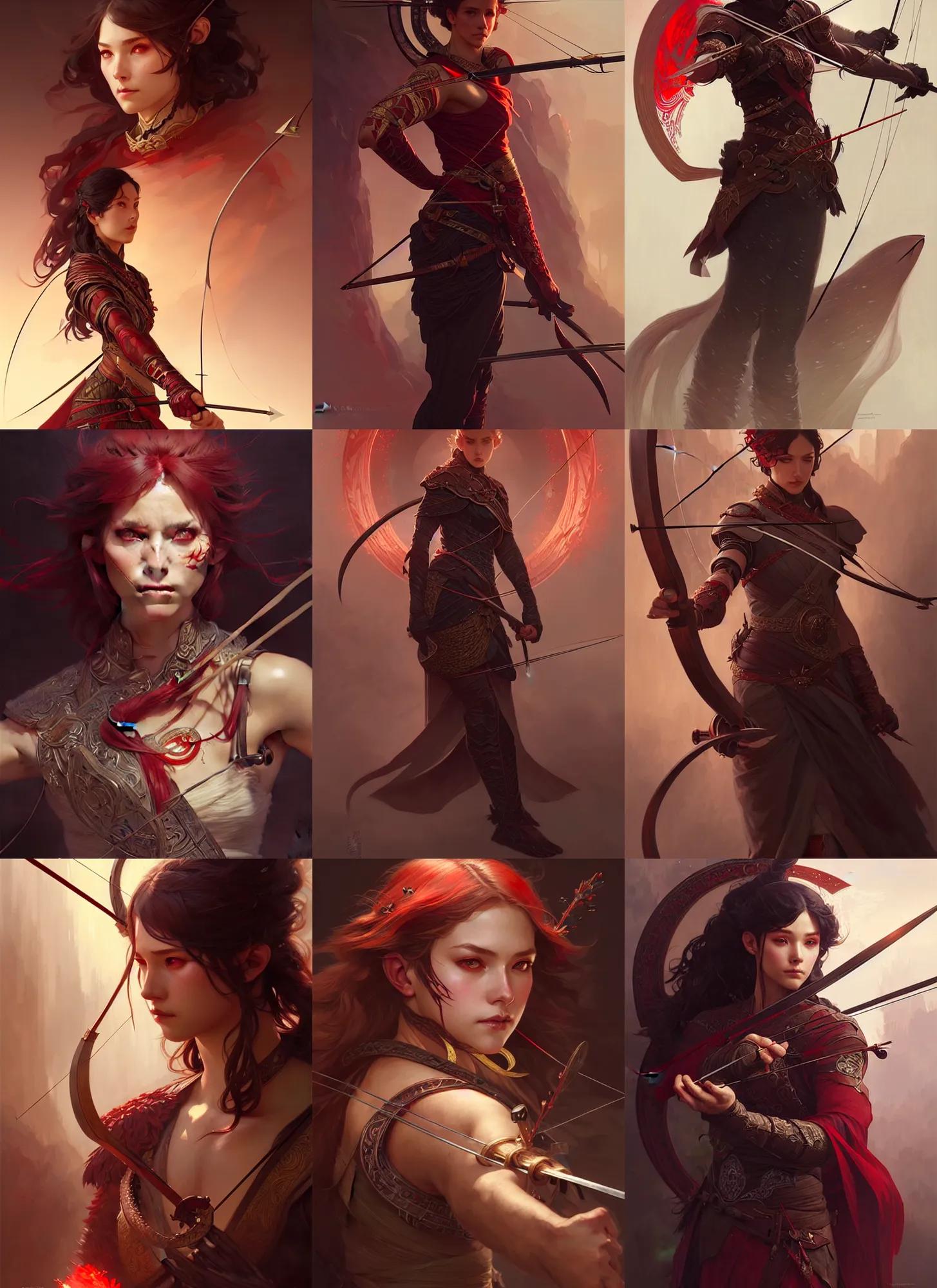Prompt: portrait of a dnd archer, red eyes, intricate, elegant, sharp focus, illustration, highly detailed, digital painting, concept art, matte, art by wlop and artgerm and greg rutkowski and alphonse mucha, masterpiece