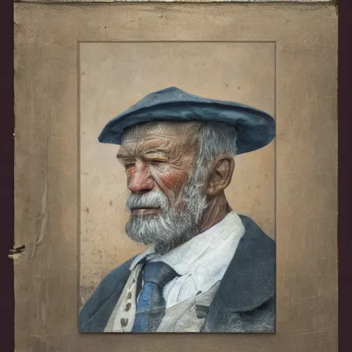 Image similar to realistic renderings of very old fisher man portrait with a hat, port scene background, astonishing scenes, detailed, photorealism