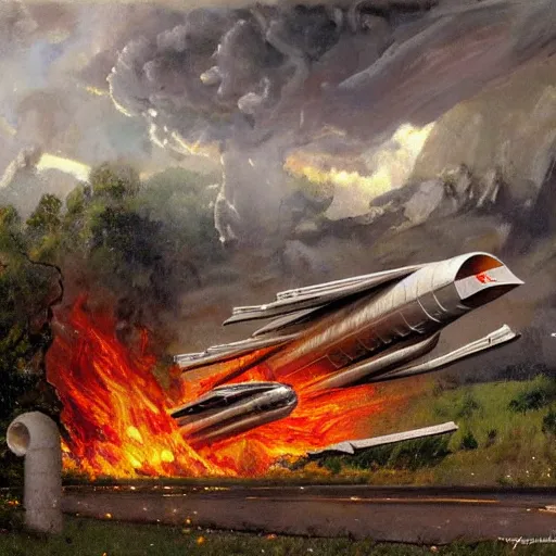 Image similar to a swiss spaceship stuck in the ground, the spaceship is on fire, smoke, rainstorm, lightning, angry, kinetic, john sargent, adolphe bouguereaum, norman rockwell, style by peter deligdisch, trending on artstation, highly detailed oil painting,