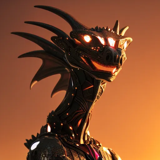 Image similar to bust of a beautiful anthropomorphic robotic female dragon, with smooth and streamlined armor, standing and posing elegantly, well detailed dragon head with LED eyes and a maw, sharp and dangerous sleek design, two arms, two legs, long tail, beautiful digital art, artstation, DeviantArt, FurAffinity, professional, octane render, sunset lighting