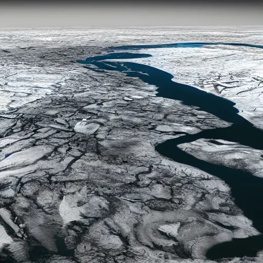 Image similar to aerial shot of permafrost rupturing in siberia, climate change, hyper realism, 8 k, hyper detailed