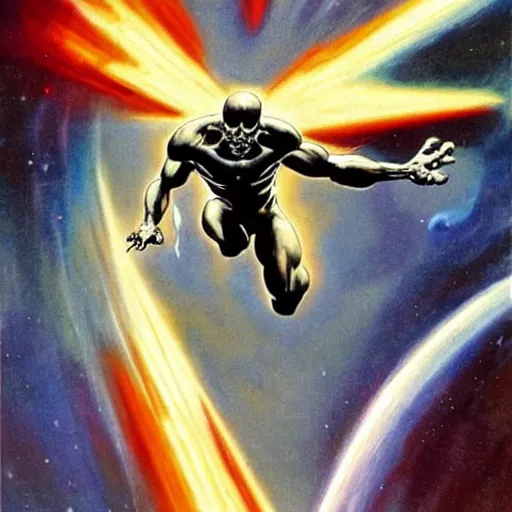 Image similar to Silver Surfer flying through space, by Frank Frazetta