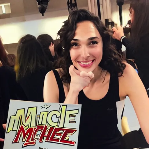 Image similar to Gal Gadot holding a sign that says M I T C H I E P O O !!!! as painted by Ralph Horsley