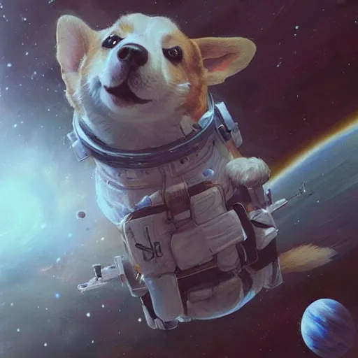 Prompt: a heroic corgi cosmonaut in outer space, greg rutkowski