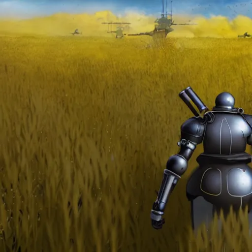 Image similar to a high resolution image from nier : automata, featuring 9 s android fighting a t 3 4 tank in yellow rye field under pure blue skies