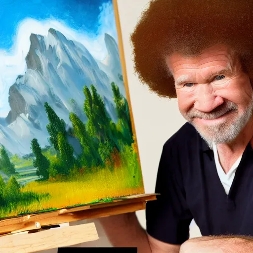 Image similar to a closeup photorealistic photograph of bob ross working on a canvas painting of mickey mouse. film still. brightly lit scene. mountains and trees. this 4 k hd image is trending on artstation, featured on behance, well - rendered, extra crisp, features intricate detail, epic composition and the style of unreal engine.