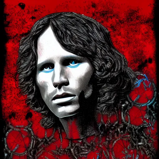 Image similar to Jim Morrison, The Doors, Detailed, Mixed Media, Cream paper, black, red, cyan, Digital Art. DeviantArt