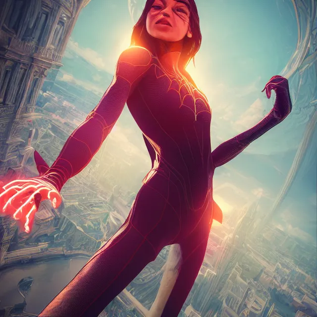 Prompt: spiderwoman, centred, very long hair, hd, hyperdetailed illustration by irakli nadar, intricate linework, bright colors, octopath traveler, final fantasy, unreal engine 5 highly rendered, global illumination, radiant light