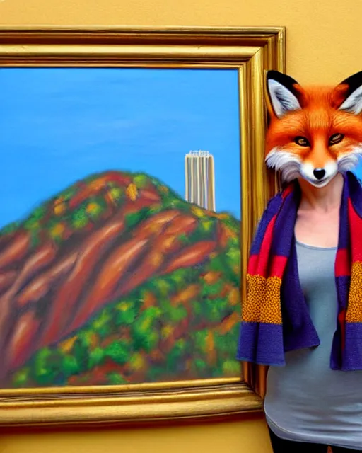 Image similar to oil painting portrait of anthropomorphic female fox animal dressed in sweater and scarf, fox animal, hollywood sign in background, location movie studio, oil painting,