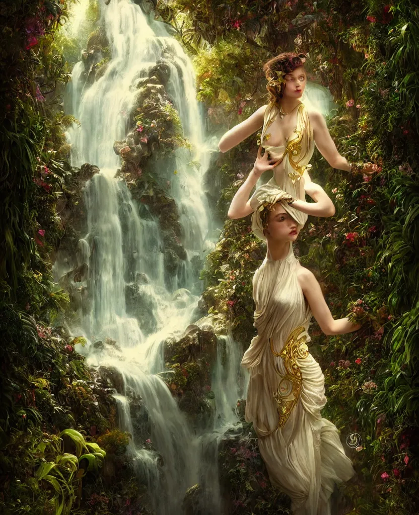 Prompt: hyper realistic photographer looking through a vintage medium format camera, magic pouring from lens, fantasy castle, full body waterfall dress, design on white background, beautiful details, lush foliage cyberpunk, gold, drawn by john singer sargent, tom bagshaw, norman rockwell, alphonso mucha, lolish, trending on artstation