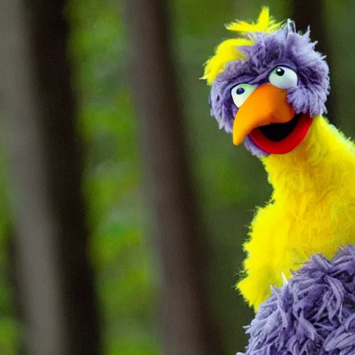 Prompt: found footage of big bird from sesame street in the woods