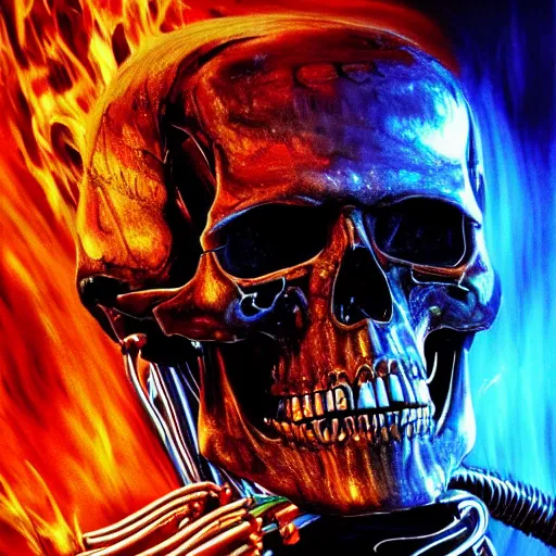 Prompt: terminator skull on flaming town background, acrilic paint, digital, artstation, detailed intricate ink illustration, heavenly atmosphere, digital art, overdetailed art, concept art, complementing colors, trending on artstation, cgstudio, the most beautiful image ever created, dramatic, subtle, details, award winning artwork, beautiful scenery