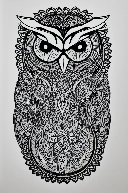 Prompt: symmetric owl mandala ink drawing
